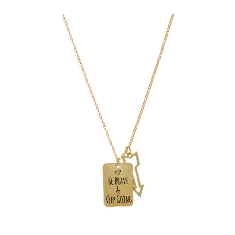 Goldtone "Be Brave And Keep Going" Plate & Arrow Pendant Necklace